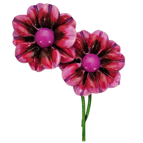 Pink Purple Plastic Daisy Flower Duo, Green Metal Stem Pin Brooch E143 - Picture 10 of 10
